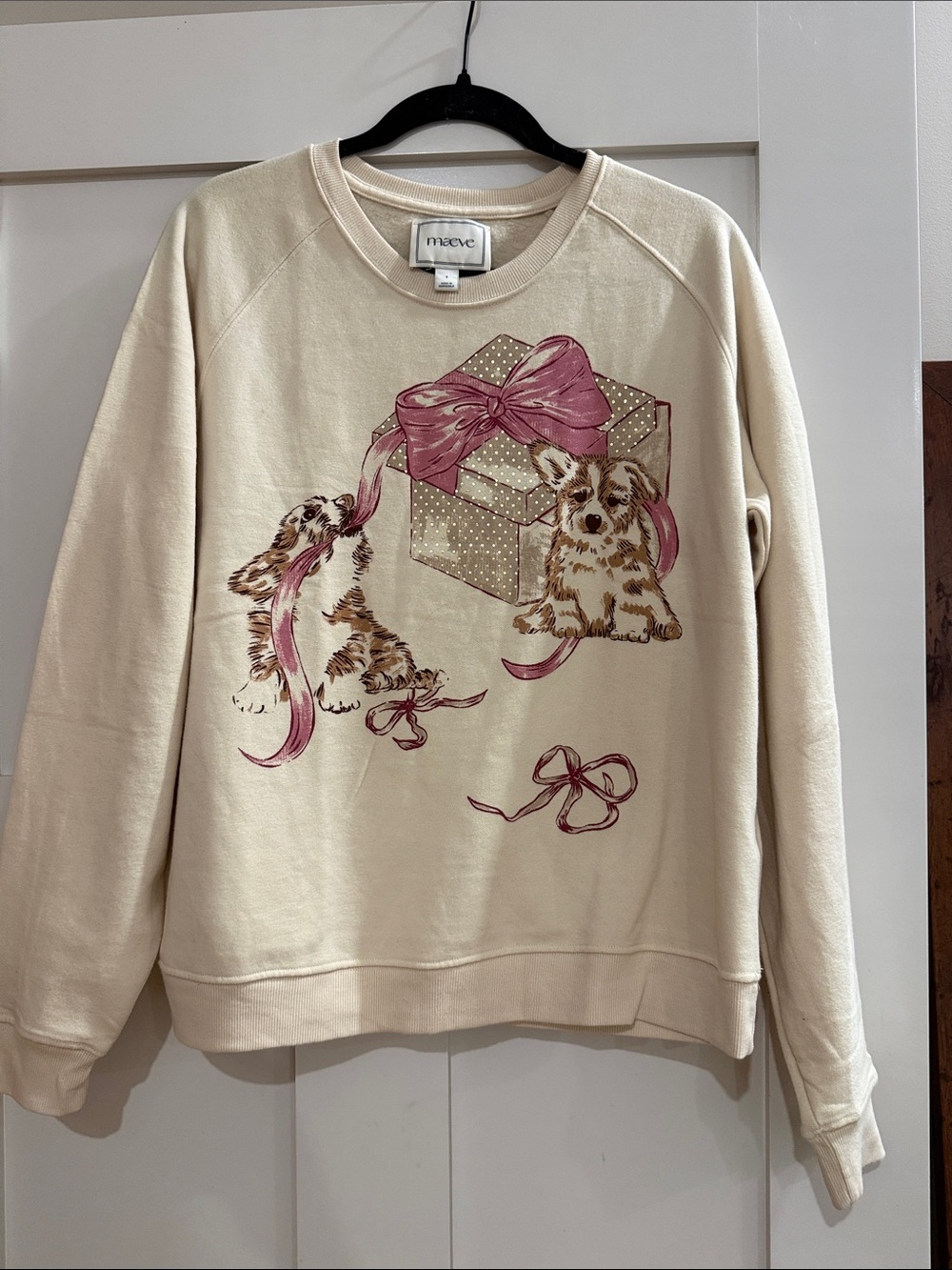 Maeve NWOT Anthropologie Sweatshirt with Pink Ribbon & Puppy, Very Soft & Cozy!